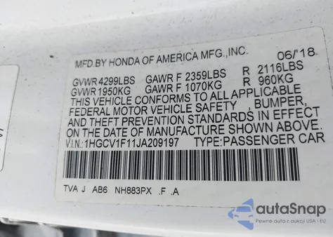 2018 Honda Accord Lx z USA, uszkodzony, nr VIN 1HGCV1F11JA209197